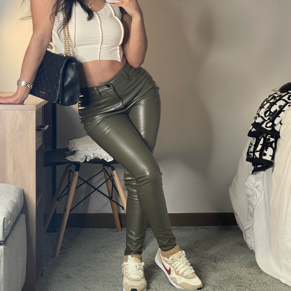 Olive green leather pants